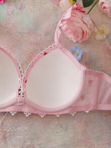 Women's Romantic Rose Floral Print Contrast Lace Twist Front Underwire Bra - Pink - View 4