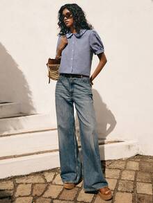 Poéselle Áo sơ mi nữ cotton kẻ caro cổ Peter Pan, áo sơ mi mùa hè tay phồng cài nút màu xanh cổ điển, áo cổ Peter Pan, áo tay phồng, áo sơ mi kẻ caro xanh, thời trang Cottagecore, áo mùa hè cổ điển, phong cách retro dã ngoại, áo sơ mi nữ tính, áo sơ mi ngắn tay kẻ caro cổ Peter Pan cài nút phía trước, áo mùa hè xuân dành cho nữ, áo kẻ caro, áo mùa hè cho nữ - Xanh đậm - Xem 3