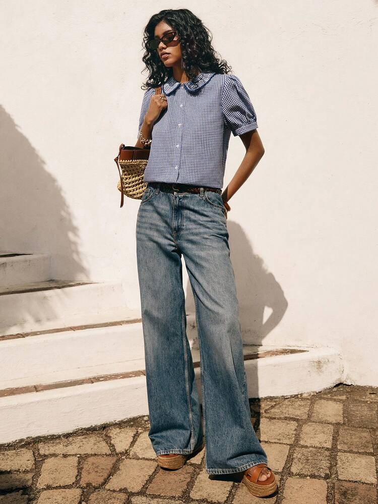 Poéselle Women's Cotton Gingham Peter Pan Collar Blouse – Puff-Sleeve Button-Down Summer Shirt In Vintage Blue Checks Gingham Blouse, Peter Pan Collar Top, Puff Sleeve Shirt, Blue Checkered Shirt, Cottagecore Fashion, Vintage Summer Blouse, Retro Picnic Outfit, Girly Aesthetic Casual Peter Pan Collar Button Front Plaid Short Sleeve Shirt, Summer Outfits Spring Outfit Women  Vacation Outfits - Royal Blue - View 3