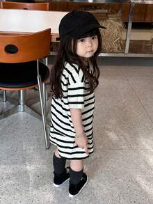 DAZY 2pcs/Set Baby Girl Round Neck Striped Korean Style Short Sleeve T-Shirt And Shorts Set Summer Baby Girls Clothes - Black and White - View 4