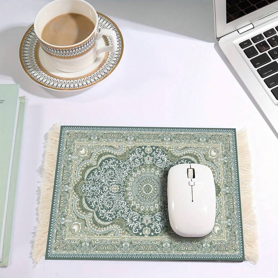 波斯地毯图案鼠标垫，带流苏的橡胶鼠标垫，办公护腕，可用作咖啡杯垫，可用作桌垫 - 彩色 - 查看 1