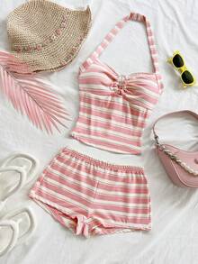 Soleia 女士条纹吊带休闲夏季背心和短裤两件套 - 彩色 - 查看 5