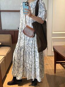 FRIFUL Women's Casual Floral Print Puff Sleeve Dress, Summer - Beige - View 4