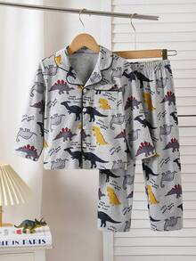 2pcs Young BoyCute Dinosaur Print Long Sleeve Cardigan And Pants Set, Knit Fabric Casual Homewear - Grey - View 1