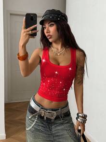 StreetHx Women's Street Style Rhinestone Embellished Square Neck Cropped Camisole - Red - View 3