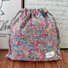 [Bolsa con flores encantadora] Bolsa de cordón con estampado floral vibrante de 1 pieza - Bolsa de regalo y almacenamiento de tela encantadora con motivo, perfecta para joyas, cosméticos, artículos de viaje y organización del hogar - Multicolor - Ver 5
