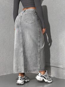 Jeanoix 女士休闲水洗牛仔开衩半身裙，夏季 - 淺灰紫 - 查看 2