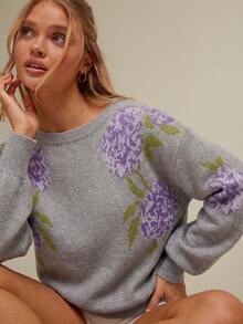 WESTFADE Suéter de punto de manga larga con cuello de barco y estampado floral jacquard de estilo vaquero occidental de primavera - Gris - Ver 5