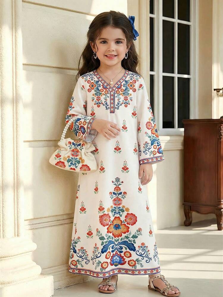 SHEIN Áo Jalabiya trẻ em kiểu Boho thanh lịch, kín đáo với họa tiết hoa, kiểu dáng thường ngày thoải mái, thêu hoa tinh tế, cổ chữ V, tay dài, thích hợp cho bé gái mặc hàng ngày vào mùa xuân/hè, các lễ hội, áo Abaya cầu nguyện, dễ chịu, mặc thường ngày, đi nghỉ mát, áo Kaftan kín đáo. - Nhiều màu - Xem 3
