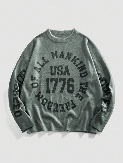 Street Life Maglione casual da uomo a spalle cadenti con motivo 1776 lavorato a maglia