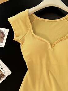 Resyla Women's Deep V-Neck Short Sleeve Fitted Knit Top, Revealing Collarbone - Yellow - View 4