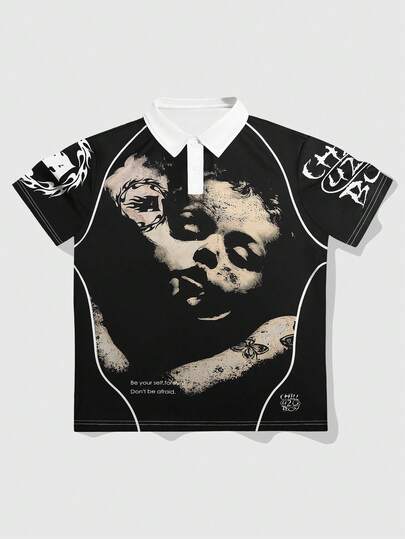 ROMWE MEN Street Life Men's Fashion Printed Button Half-Placket Polo Shirt