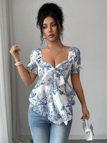 Elenzga Women's Blue Floral Print Textured Fabric Shirt With Bow Tie Collar, Ruffle Back Design, Asymmetric Hem, Elegant Casual Vacation Style, Suitable For Teachers, Students, Holidays, Travel, Photography, Spring/Summer - Multicolor - View 7