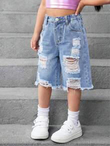 女童蓝色牛仔破洞宽松短裤 - 淺色水洗藍 - 查看 2
