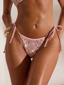 Opulessa 女士亮片拼接系带性感沙滩比基尼泳裤，春假、夏季、沙滩、粉色、休闲、度假、暑假、休闲、优雅、外出、派对、沙滩短裤、暑假、节日、春夏 - 彩色 - 查看 6