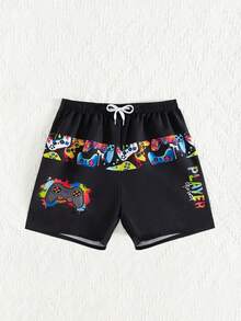 SHEIN Boys' Video Game Print Elastic Waist Drawstring Beach Shorts, Fashionable Casual Swim Trunks