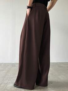 HUEFORM 男士休闲纯色褶裥阔腿裤，秋季款 - 棕色 - 查看 2