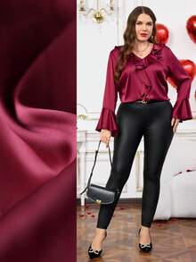 EMERY ROSE Plus Size Women Patchwork Ruffle Flare Sleeve Loose Elegant Blouse/Valentine's Day Spring Break Holiday - Red - View 2
