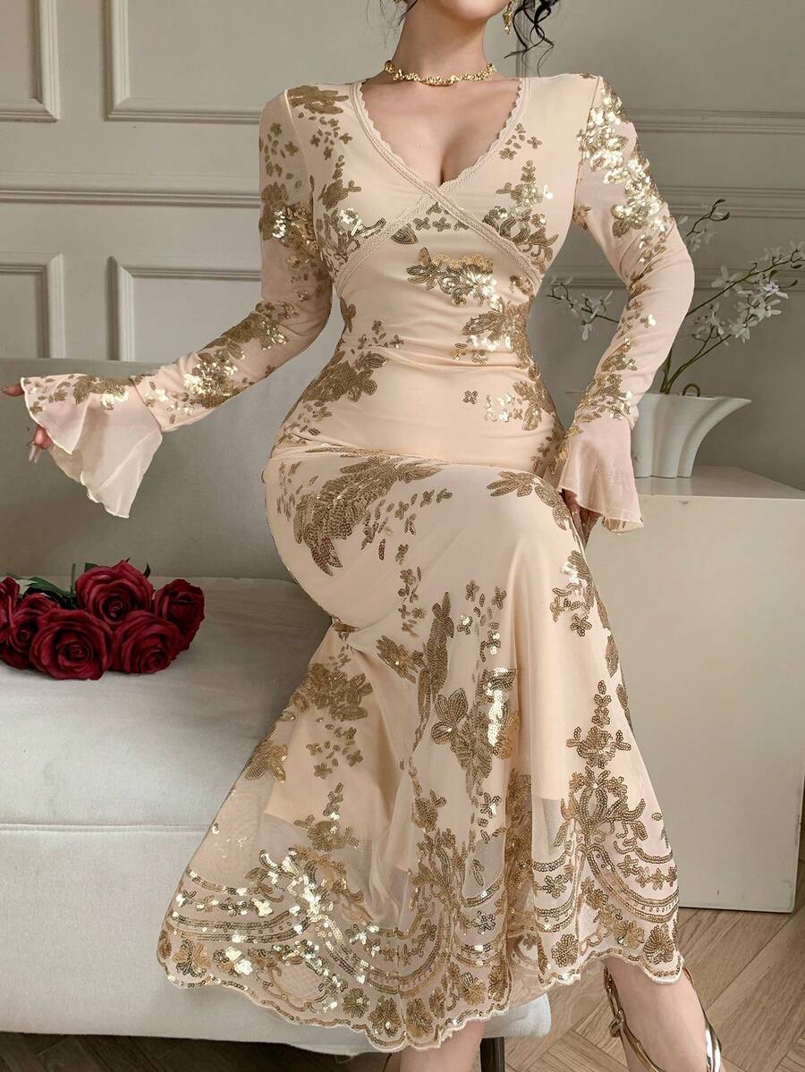 DAZY Women's Elegant Floral Sequin V-Neck Flare Sleeve Dress, Spring/Summer Wedding Guest Dress Sundress - Apricot - View 1