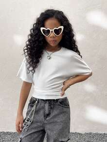 Coolane Kids Tween Girls Spring/Summer, Minimalist Y2K Basic Daily Wear Casual Back To School Streetwear Stretchy White Loose Ruched Crop Tees - White - View 4