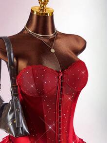 Amplova Women's Strapless Sequin Mini Dress With Waist Cutout, Sexy And Suitable For Valentine's Day, New Year Date Night - Cherry Red - View 7