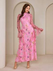 Graceveil Vestido elegante y modesto con estampado floral, volantes en el bajo y cintura con lazo - Rosa - Ver 2