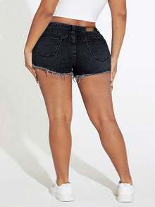 Slaydiva Plus Size Summer Casual Washed Frayed Denim Shorts - Black - View 2