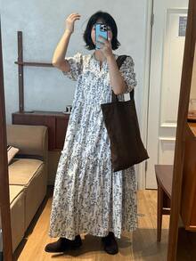 FRIFUL Women's Casual Floral Print Puff Sleeve Dress, Summer - Beige - View 7