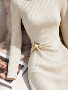 Franclia 优雅高领长袖针织连衣裙，秋冬款 - 奶油色 - 查看 4