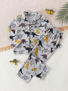 2pcs Young BoyCute Dinosaur Print Long Sleeve Cardigan And Pants Set, Knit Fabric Casual Homewear - Grey - View 3