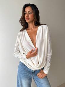 Aloruh Women's Casual Vacation Daily Solid Apricot Ruched Long Sleeve Loose Blouse - Apricot - View 4