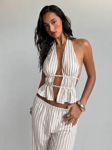Aloruh Bộ đồ nữ mới về: Áo croptop không tay cổ yếm kẻ sọc và quần ống rộng, trang phục thường ngày cho kỳ nghỉ. - Nhiều màu - Xem 13
