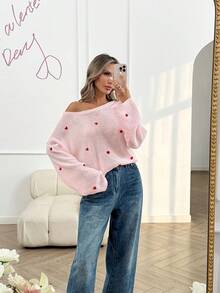 Easowa Áo len nữ dáng rộng tay dài cổ lệch, họa tiết trái tim thêu, áo len dệt kim màu hồng họa tiết trái tim, áo tay dài dáng rộng hoàn hảo cho ngày Valentine, áo len hồng ngọt ngào mùa xuân, áo len đi biển, áo hồng - Màu Hồng baby - Xem 2