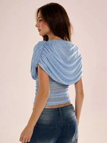 Avenya Polka Dot Blue Brown Mesh Knit Draped Top Cape Detail T-Shirt, Stylish Street Wear, Beach Vacation, Italian Holiday, Going Out, Old Money, Cruise, Brunch, Office, Teacher Outfits, Three-Dimensional Cutting Style, Office Siren, Sexy Goddess, Spicy Girl Style, Y2K, Homecoming, Summer&Autumn, Elegant, Carnival, Vacation, Party - Blue - View 6