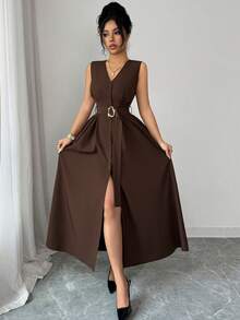 Elenzga Áo khoác cardigan dệt kim không tay cổ chữ V mới dành cho nữ, điểm nhấn là vòng kim loại, kiểu dáng thanh lịch, thích hợp mặc lâu dài. - màu nâu - Xem 5