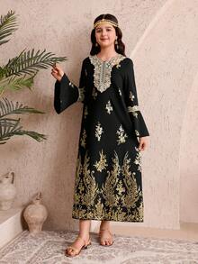 فستان كم طويل بطباعة بسيطة للفتيات المراهقات - الأسود - مشاهدة 8