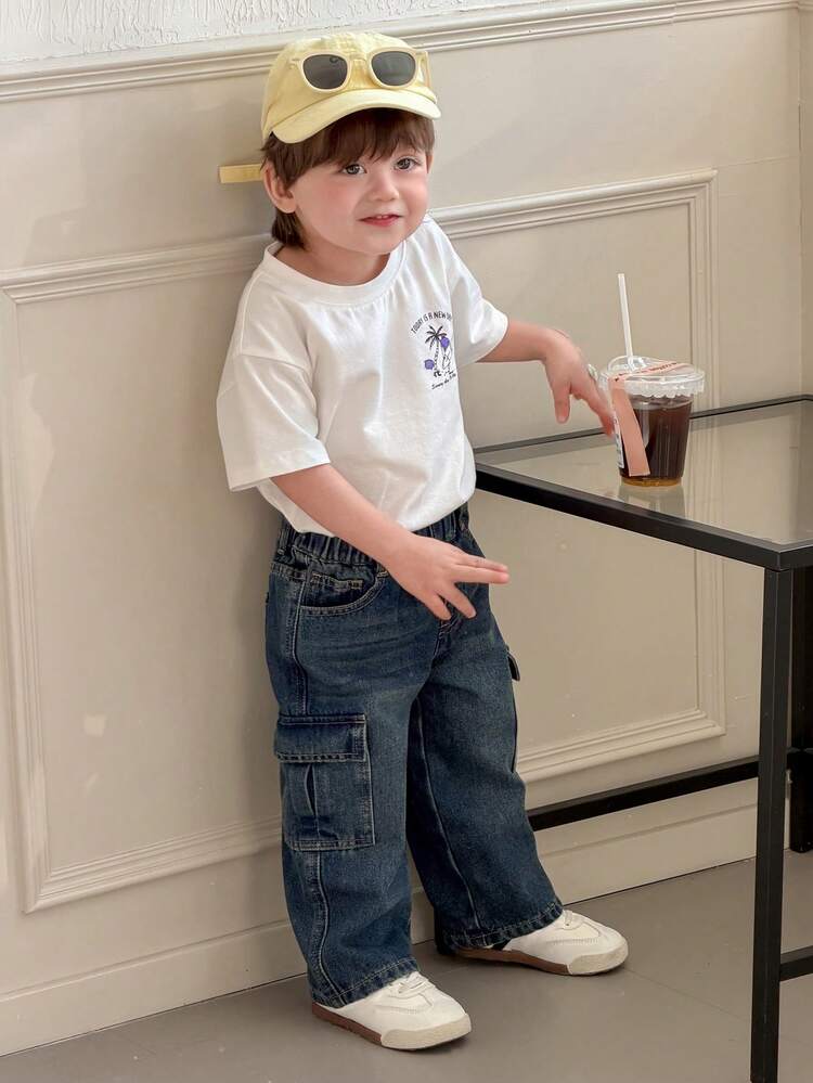 DAZY Pantalones vaqueros rectos con bolsillos cargo para niños (Talla pequeña) - Azul lavado medio - Añade 7