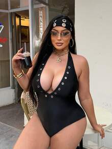 Swim SXY Áo tắm liền thân cổ yếm thiết kế corset dành cho nữ cỡ lớn, tối giản và gợi cảm, phong cách châu Âu và Mỹ. - màu đen - Xem 4