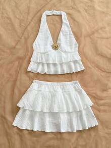 Soleia 女士度假金属花朵装饰吊带上衣和迷你裙时尚两件套 - 白色 - 查看 5