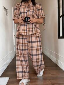 Dream Adore Plus Size Casual Khaki Plaid Print Lapel Short Sleeve Pajama Set - Khaki - View 3