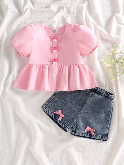 SHEIN Vintaside Kids 2pcs/Set Baby Girl Summer&Autumn Casual Style Bowknot Decoration Short Sleeves Top&Short Jeans