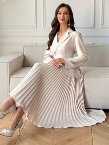 DAZY Women's Asymmetrical Midi Dress With Faux Blazer Design And Pleated Patchwork - Apricot - View 2