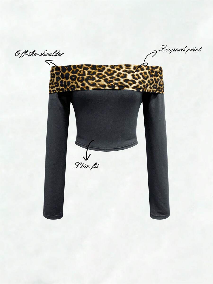 Olithes Kaos Off-Shoulder Seksi dengan Motif Leopard Kontras untuk Wanita, Kaos Motif Cheetah Grafis untuk Wanita - Grey - View 1