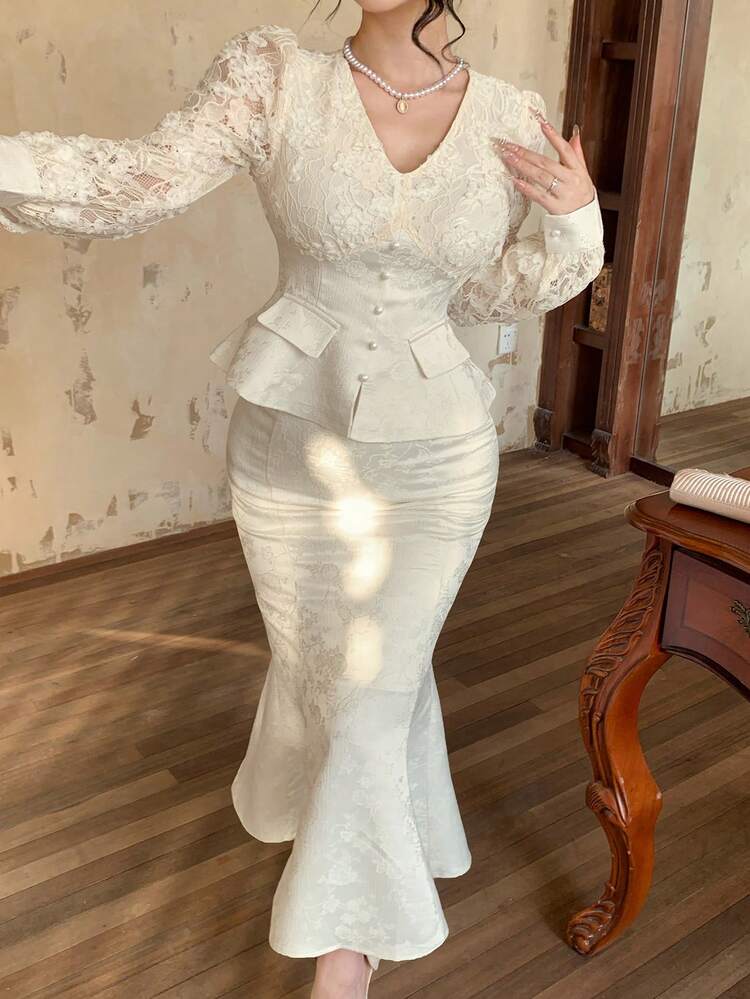 Spring/Summer Hollow Lace Patchwork White Blouse & Mermaid Skirt 2-Piece Set, Elegant For Valentine's Day, Wedding, Party, Formal Occasion, Fashion, Slim Fit