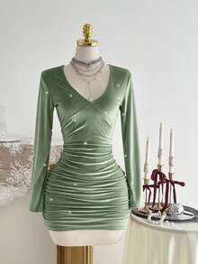 Elamini Vestido ajustado con cuello drapeado, espalda descubierta y cintura fruncida, de otoño - Verde - Ver 3