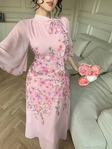 DAZY Women's Elegant Floral Print Ruched Tie Neck Flounce Sleeve Midi Dress, Spring/Summer