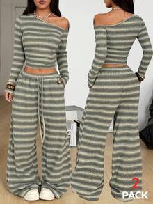 Coolane Casual Sets For Women Spring/Summer Streetwear Casual Going Out Y2K Daily Wear Green Striped Stretchy Long Sleeve Off The Shoulder T-Shirt And Wide Leg Sweatpants,2pcs - Multicolor - View 3