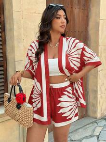 SHEIN VCAY Setelan 2 Potong Kimono Cardigan dan Celana Pendek Longgar Motif Tropis untuk Wanita Ukuran Plus, Kasual untuk Liburan Musim Panas - Merah - View 4