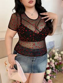 CovetEZ 女士加大码透视网纱弹力性感黑色上衣 - 紅色和黑色 - 查看 5