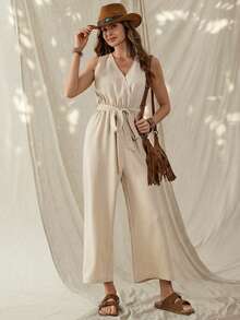 Wildy 休闲美式西部乡村复古风基本款无袖连体裤，系带设计，适合春夏日常穿着、通勤和时尚场合。